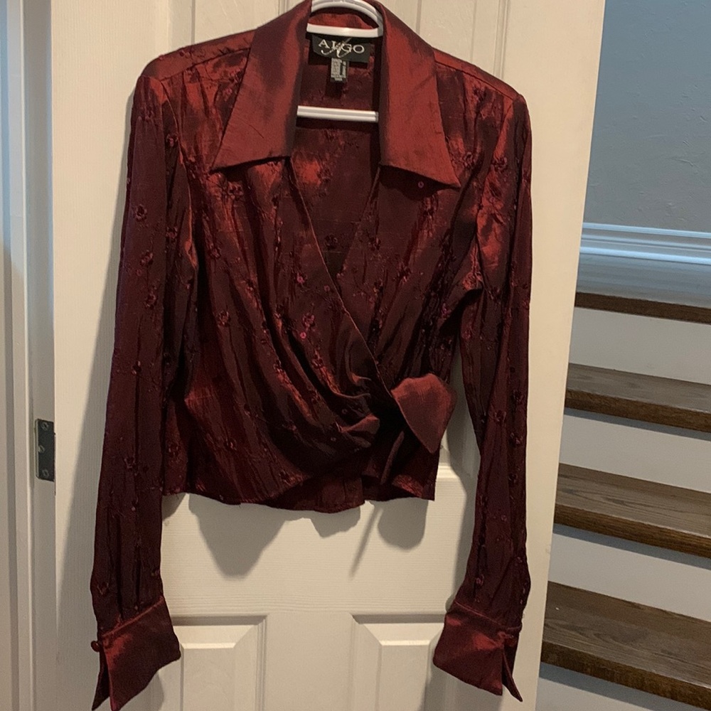 Algo Shimmering Burgundy Wrap Blouse.